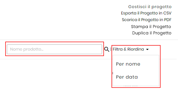 cercare un articolo dentro ad un progetto attraverso la barra di ricerca e il filtro per data e nome